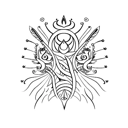 A Minimalist Tattoo Design Combining Lord Shiva's Trident And A Peacock Feather Of Lord Krishna