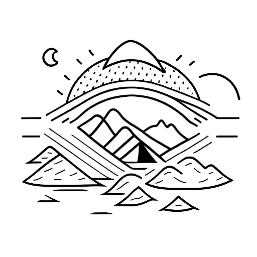 A Minimalist Tattoo Design Of A Silhouette Of A Hiker With A Mountain Range In The Background