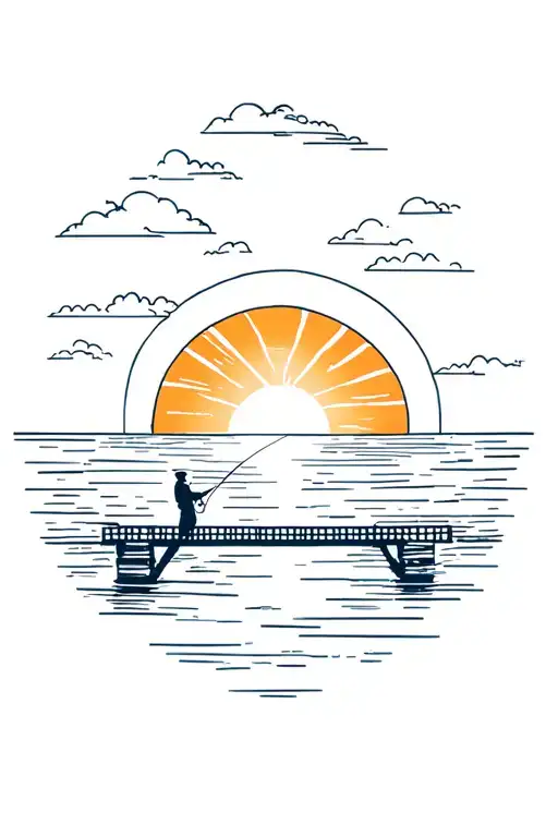 A Man Fishing Standing On The Bridge In The Sea In Front Of A Sunrise