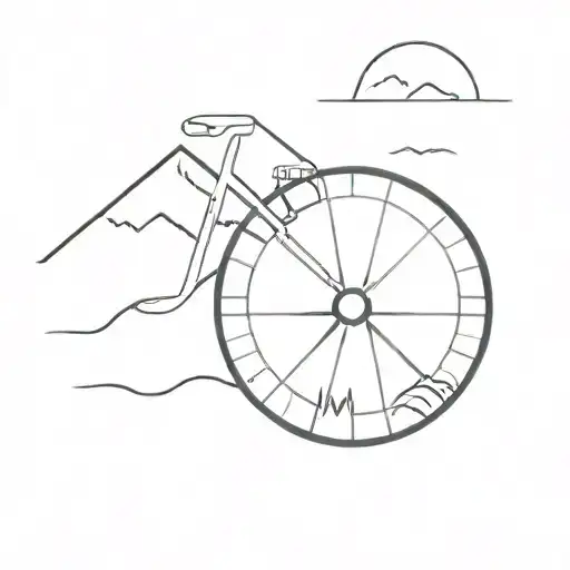 A Minimalist Tattoo Design Of A Bicycle Wheel With A Mountain Range In The Background