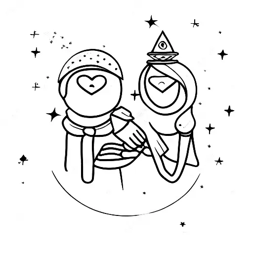 A Minimalist Tattoo Design Of A Group Of Friends Holding Hands Under A Starlit Sky