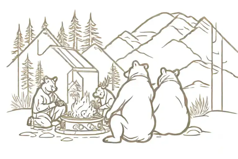 Bear And Moose Sitting Around Fire Pit In Front Of Mountain