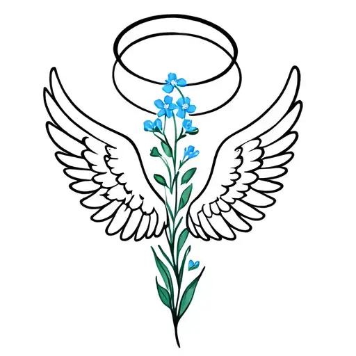 Simple Lines Angel Wings And Halo With Forget Me Not Flower Blooming