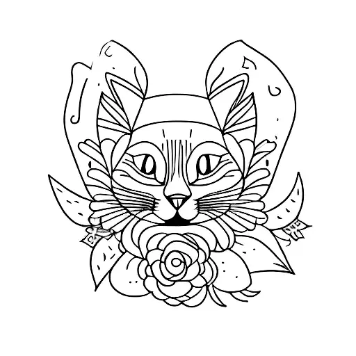 A Minimalist Tattoo Of A Black Cat Sitting Among A Bed Of Flowers