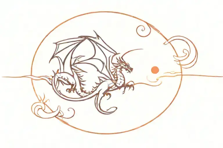 Dragon Flying Together With A Sun In The Background In Red