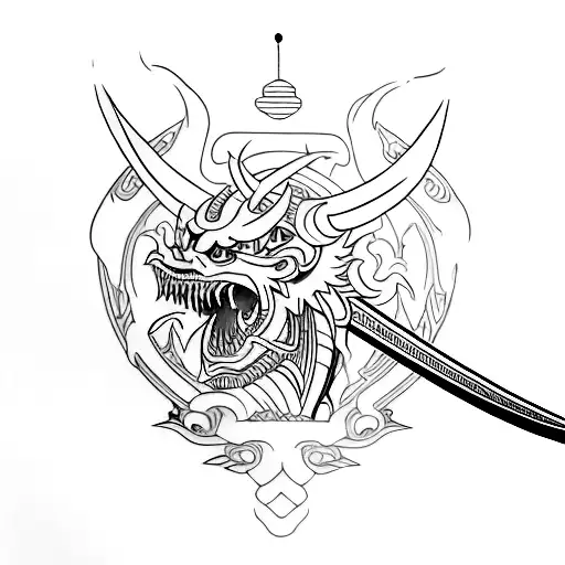 A Minimalist Design Of A Traditional Japanese Sword With A Demon Motif Incorporated Into The Blade
