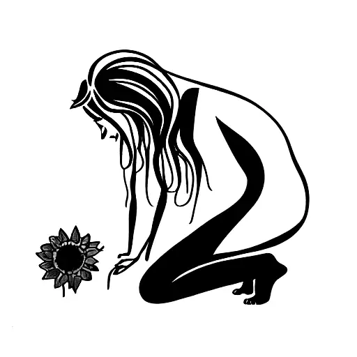 Girl Kneeling And Holding A Sunflower