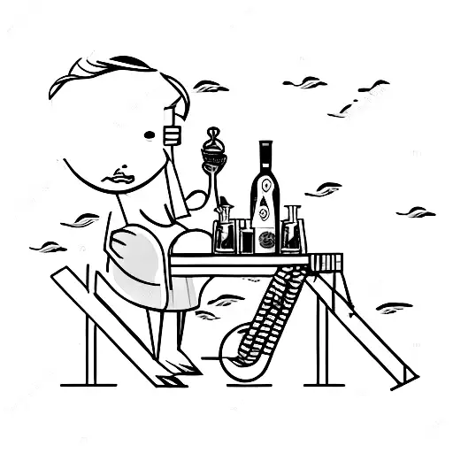 A Beach Bar Scene With Colorful Beach Chairs And A Bartender Serving Drinks