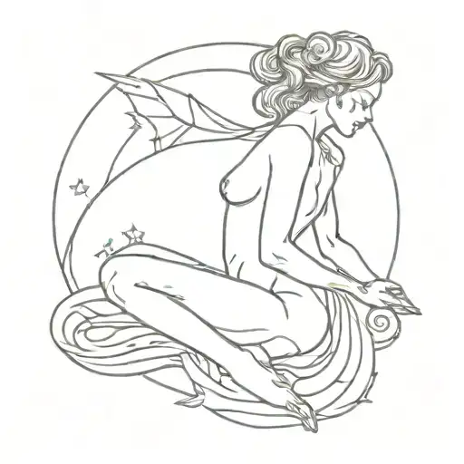 Fairy Kneeling Down With Aries Constellation Above Her And Fire Below Her