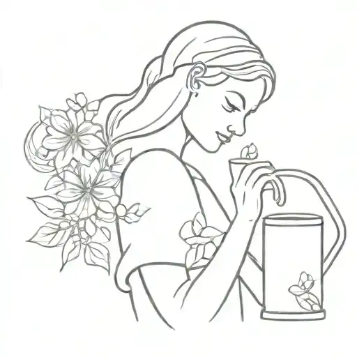 Woman With Flowers In Her Head And A Watering Can Pouring Water