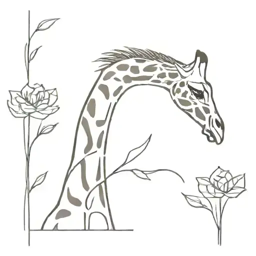 One Line Giraffe And Flower Intertwined Within
