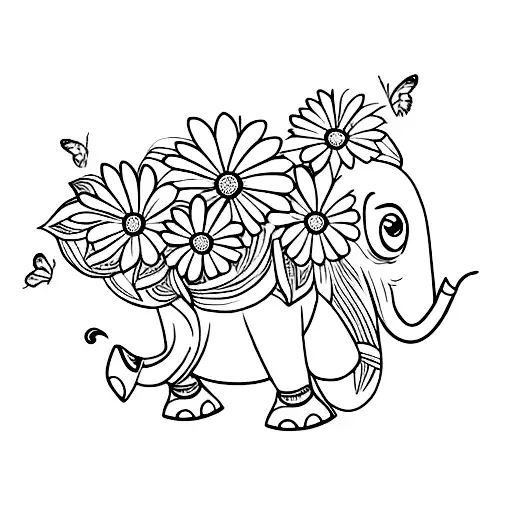 Elephant With Sunflowers And A Butterfly