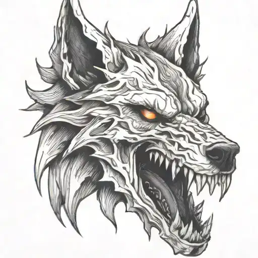 A Hell Hound Wolf Skull Fire