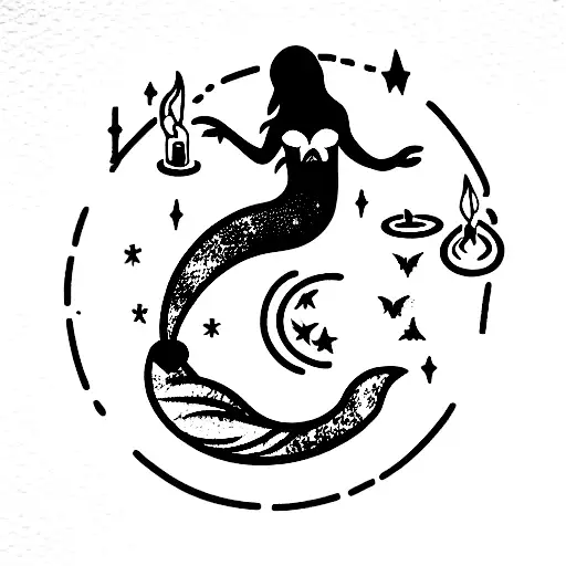 Mermaid Surrounded By Candles Witch Potions Pills Reaching At The Sky