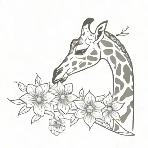 Single Line Giraffe Drawing And Flower Intertwined Within That One Line
