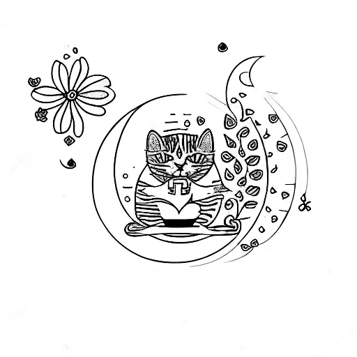 A Minimalist Tattoo Of A Cat Sitting On A Crescent Moon Surrounded By Wildflowers