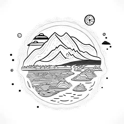 A Tattoo Of A River Landscape With Subtle Details Of Objects Floating Along The Water