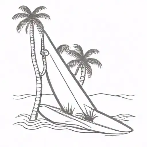 Fine Line Surfboard Leaning Against Fine Line Palm Tree