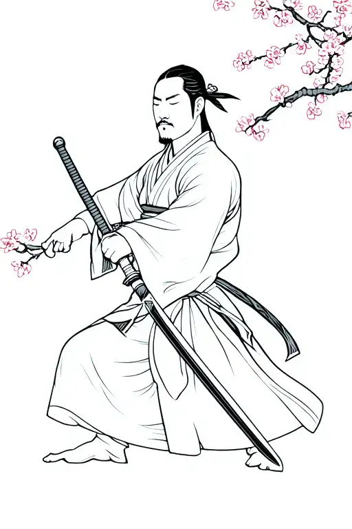 A Traditional Japanese Samurai Wielding A Sword With Cherry Blossoms