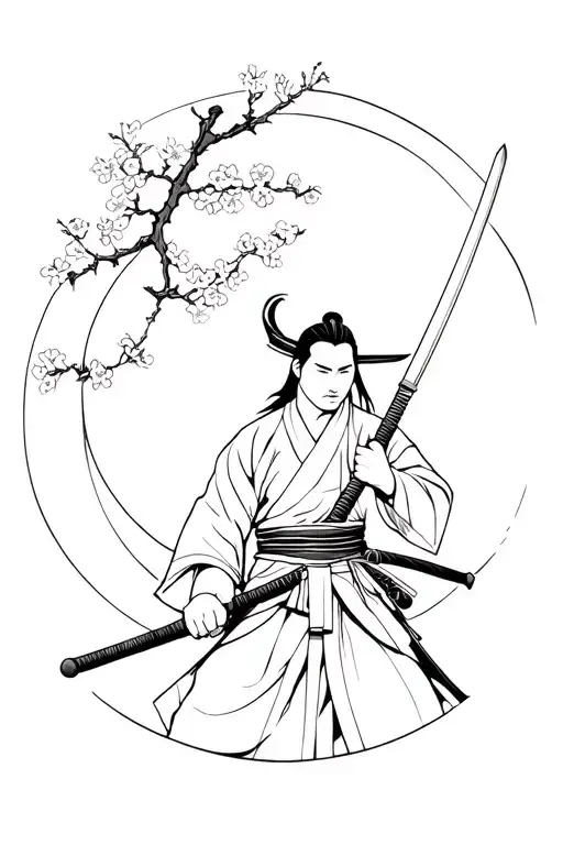 Japanese Samurai Warrior Wielding A Sword With Cherry Blossoms