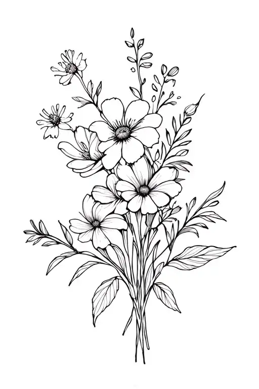 Bouquet Of Flowers With Birth Month Flowers September Octomber And Novemeber Fine Line Less Details