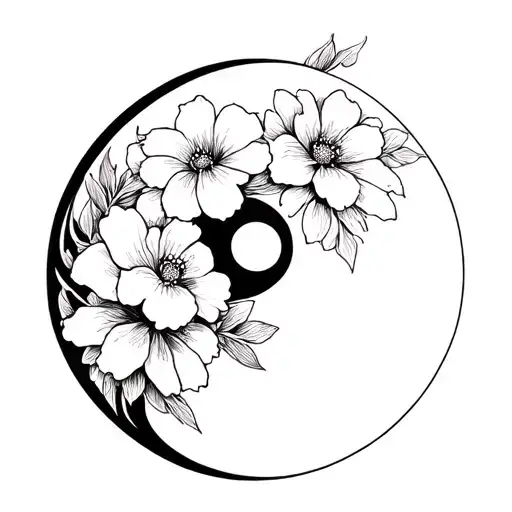 Ying Yang With Background Flower Tatto Al In Black