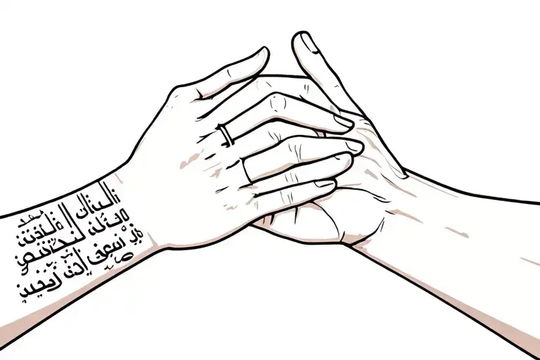 One Mans Hand Holding Another Man's Hand Up And The Hands Are Made Of Arabic Text