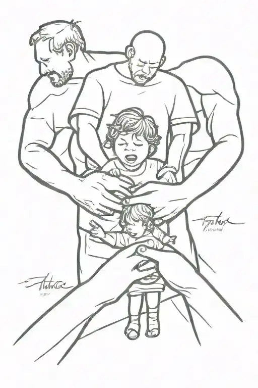 Father In The Middle Holding His Son And Daughter By Their Hands And Above Them Family Word