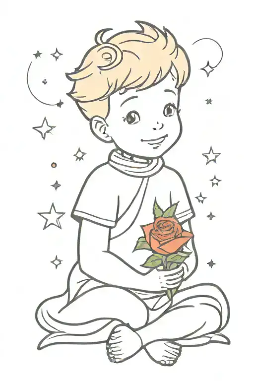 Little Prince Holding His Rose With A Happy Face And With Star Behind Him