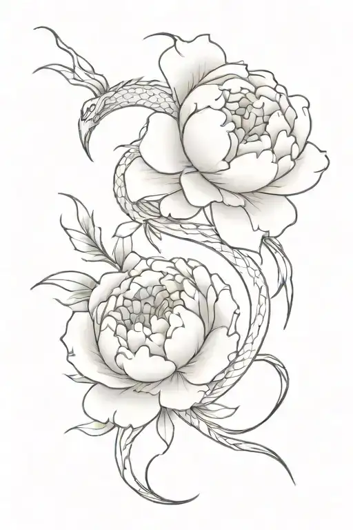 Dragon With A Long Body Among 2 Peonies Blooming