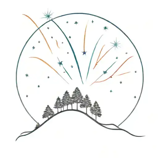 A Night Sky With Colourful Fireworks Going Off And Trees