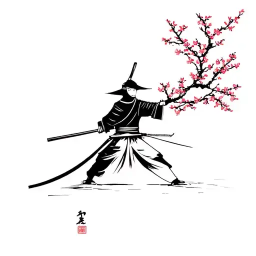 Minimalist Japanese Samurai With Cherry Blossoms