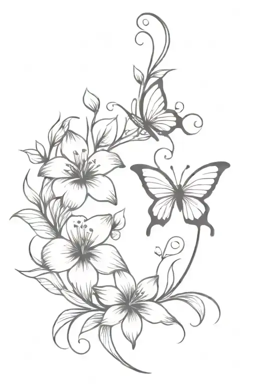 Long Vine Tattoo With A Butterfly At Top And Tiger Lily And Hibiscus Flowers Leading Down