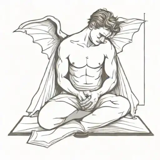 A Man With Bat Wings Kneeling Between An Open Book