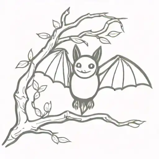 A Cute Happy Bat Hanging Upside Down From A Branch