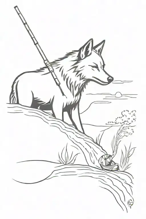 A Wolf With A Fisherman On A Bank