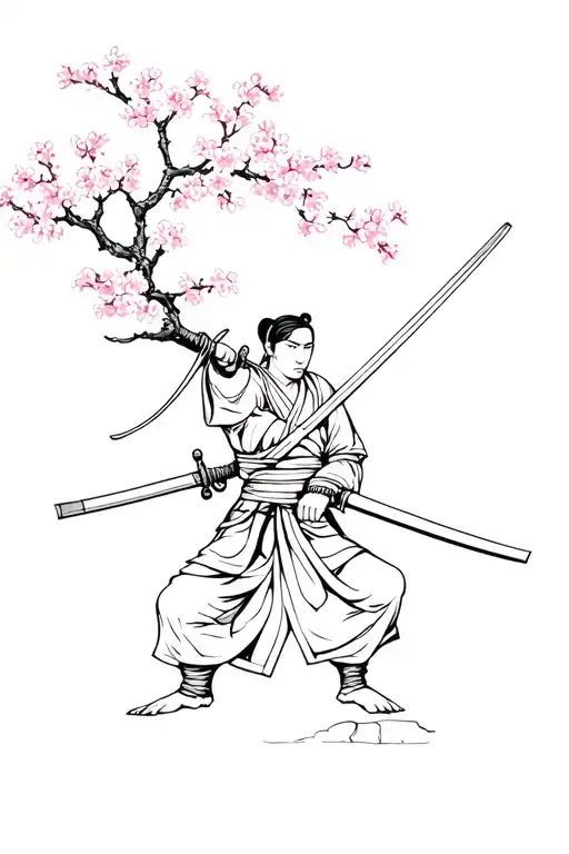 A Japanese Samurai Warrior Wielding A Sword With Cherry Blossoms