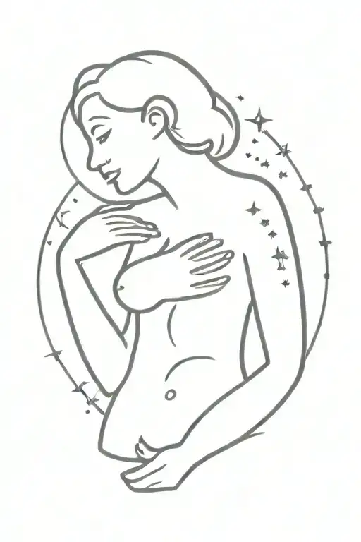 Female Torso Hugging Herself Scribble Brain Stars Cloud Sun