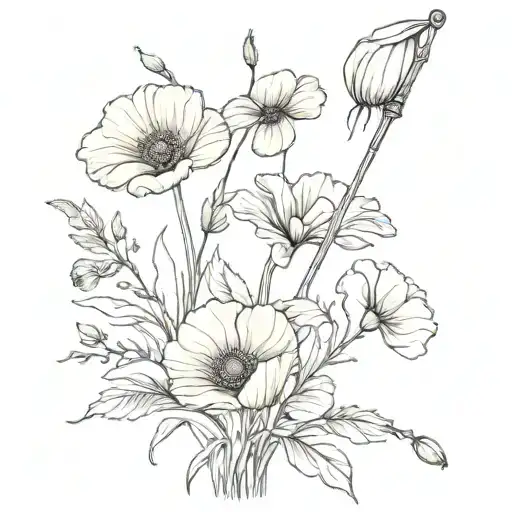 Witches Broomstick And A Fairy Wand Intertwined In A Bouquet Of Poppies