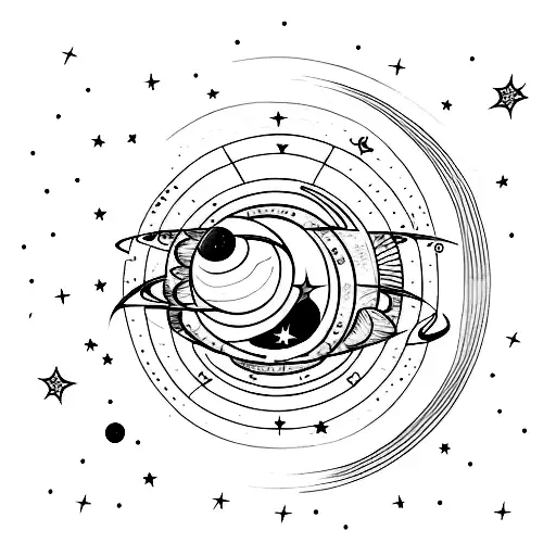 A Minimalist Tattoo Of A Sunset With Planets And Stars In The Background