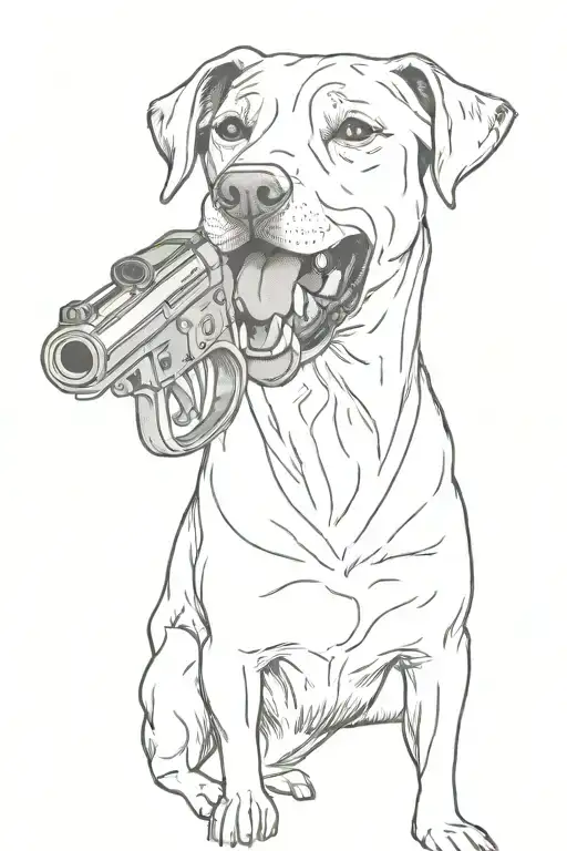 Dog Holding Gun In Teeth Line Tattoo Design