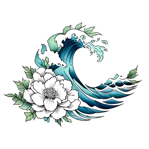Ocean Wave With Peonie Flowers