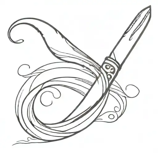 A Chef's Knife And Fork Crossed Over A Swirling Water Design