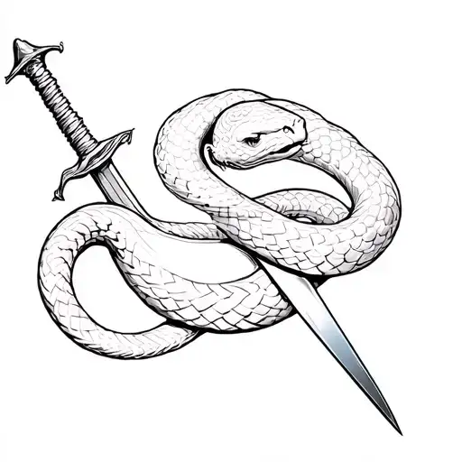 A Sleeping Snake Coiled Around A Vertical Sword