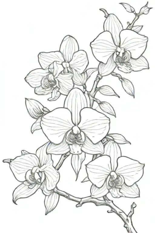 2 Orchid Flowers On A Branch Simple Outline