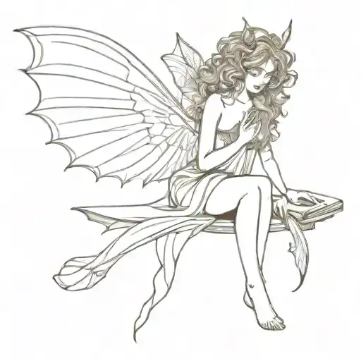 Full Body Female Fairy With Bat Wings And Curly Hair Reading Book While Standing