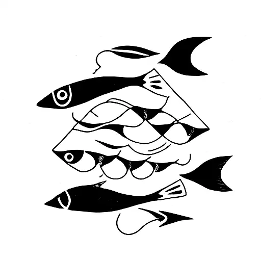 School Of Handdrawn Fish Swimming In A Diagonal Curved Diamond Shape