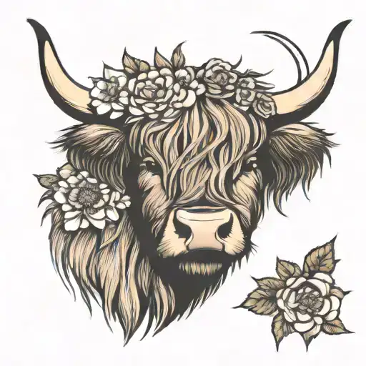Highland Cow With Flower Crown And Tongue Out