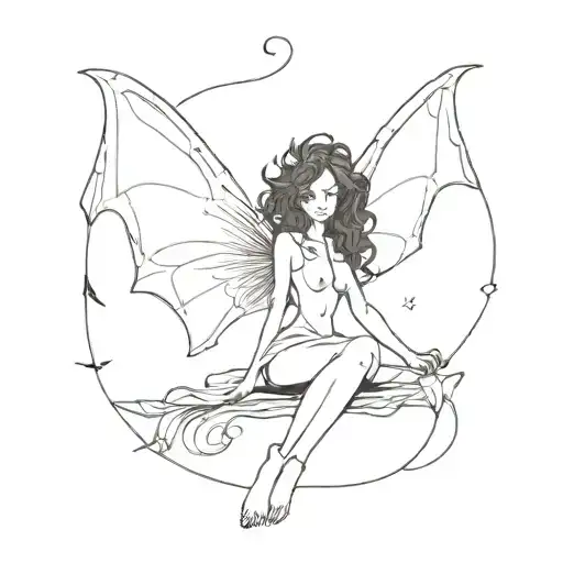 Full Body Female Fairy With Bat Wings And Curly Hair