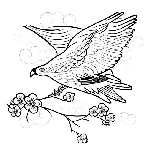 Flying Hawk Silhouette With Cherry Blossoms Forming An Arm Band